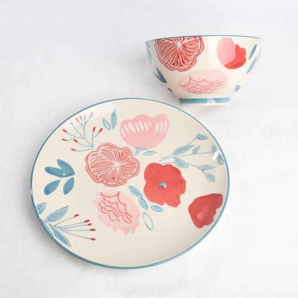 At Home Red Pink Floral Salad Plate Soup Bowl Set Eclectic Artist Anthro Style - Picture 1 of 7